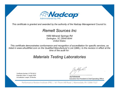 NADCAP Materials Testing Certificate - Click for PDF