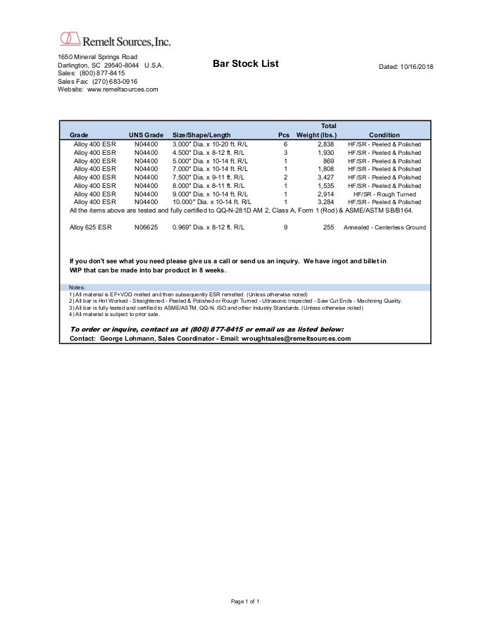 Remelt Sources Wrought Bar Stock List