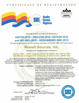 Link to Remelt Sources AS9100:2016 and ISO 9001:2015 Certificate PDF