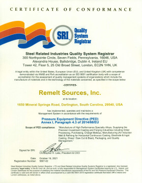 Link to Remelt Sources Pressure Equipment Directive (PED) Certificate PDF
